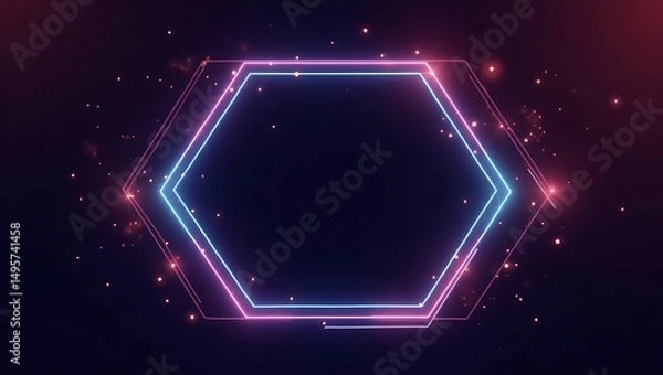 Fototapeta Abstract neon hexagon frame with glowing particles for futuristic designs