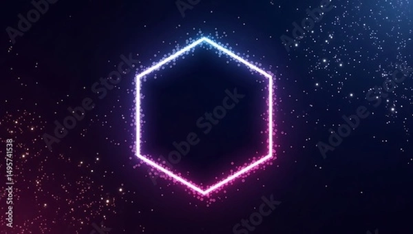 Fototapeta Colorful Hexagon Frame with Sparkling Particles on Dark Space Background, Modern Abstract Design