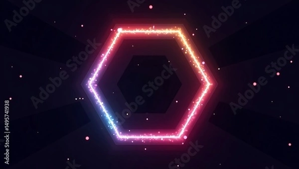 Fototapeta Colorful hexagon frame with glowing particles on dark background illustration