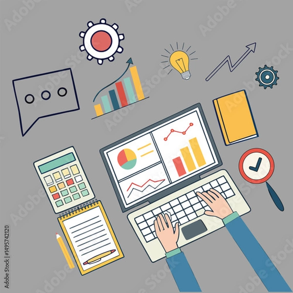 Obraz Trendy halftone collage cutout business elements set. Laptop, rising arrow chart, gears, handshake, watch, magnifier. Idea, teamwork, brainstorming and success concept Modern retro vector