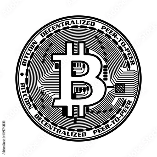 Obraz Golden Bitcoin coin that beautifully reflects light on a dark surface. 3D realistic illustration