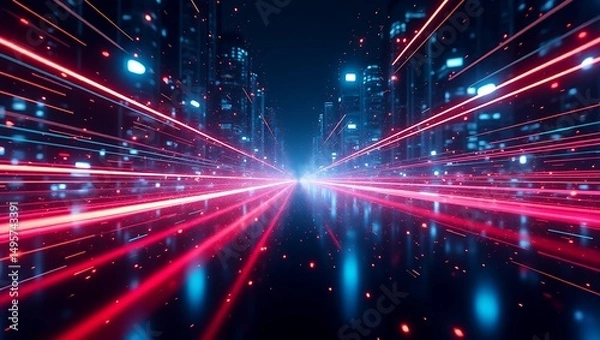 Fototapeta Futuristic cityscape with vibrant neon lights and high-speed data streams