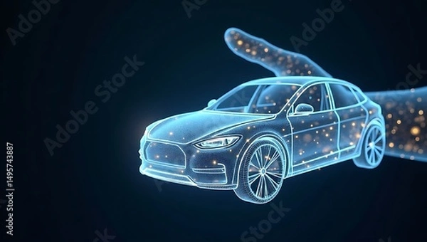 Fototapeta Futuristic electric car design with glowing particles and a digital hand concept