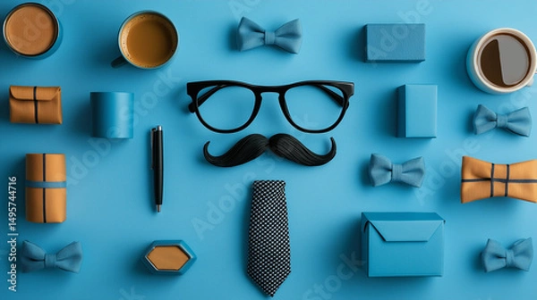 Fototapeta All accessories of Father's day concepts isolated on blue background which top view.