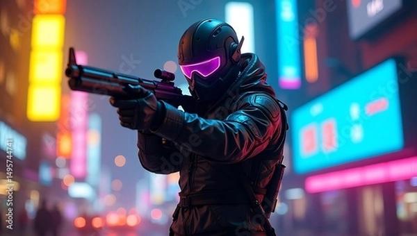 Fototapeta Futuristic soldier aiming a gun in a cyberpunk urban environment at night