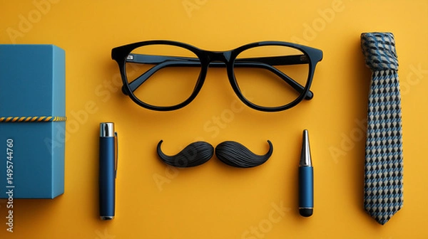 Fototapeta All accessories of Father's day concepts isolated on blue background which top view.