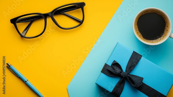 Fototapeta All accessories of Father's day concepts isolated on blue background which top view.