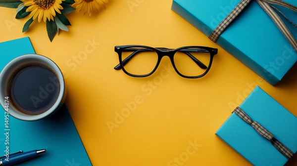 Fototapeta All accessories of Father's day concepts isolated on blue background which top view.