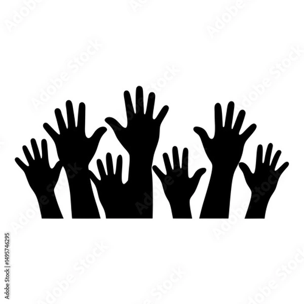 Fototapeta Silhouette of multiple hands raised in the air, symbolizing unity and support