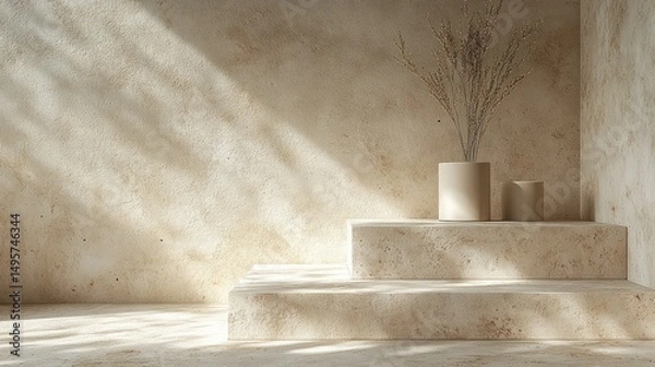 Fototapeta Beige stone steps, sunlight, minimalist display