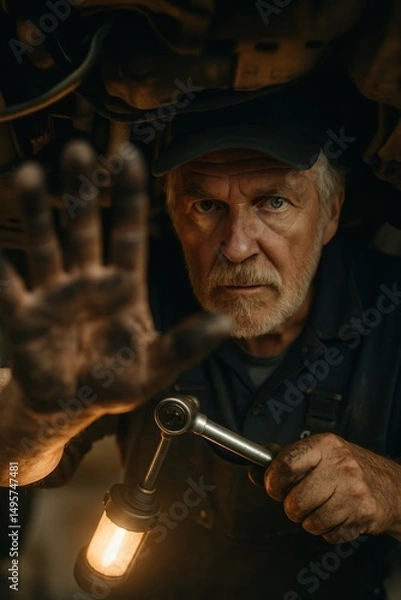 Fototapeta Senior male mechanic with dirty hands working under a car with a lamp, looking intensely at the camera