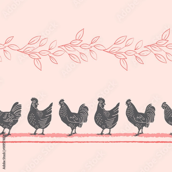 Fototapeta Hens and Botanicals Vector Seamless Horizontal Borders Set