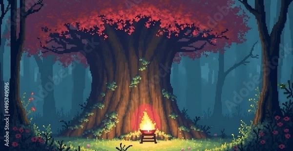 Fototapeta Enchanting pixel art forest landscape with a campfire under a large tree