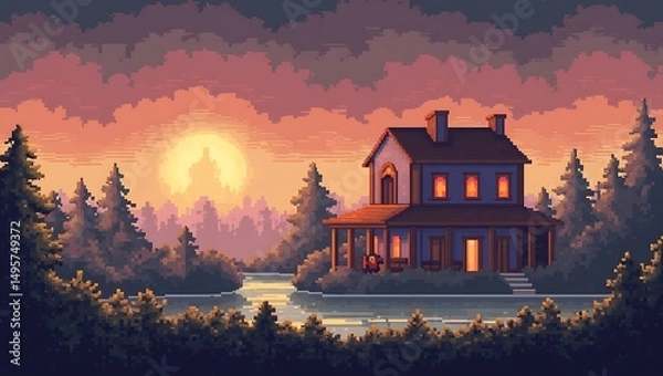 Fototapeta Charming pixel art cottage nestled by a tranquil lake at sunset evoking nostalgia