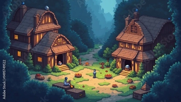 Fototapeta Enchanting pixel art village nestled in a lush forest, radiating tranquility