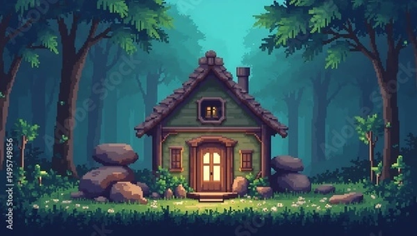 Fototapeta Charming pixel art cottage nestled in a tranquil forest setting on a misty day