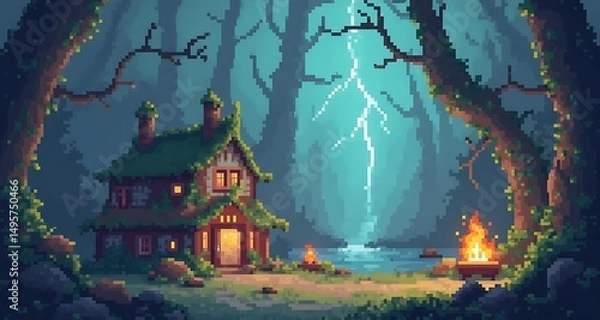 Fototapeta Pixelated mystical forest cabin illuminated by firelight and a dramatic lightning storm