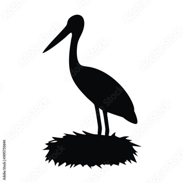 Fototapeta Silhouette of a stork standing on a nest, black and white vector