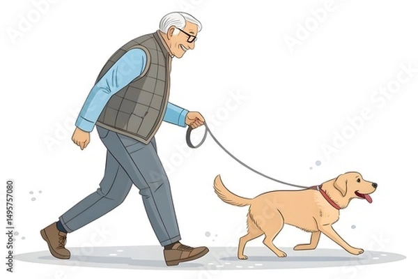 Obraz Happy Elderly Man Walking Dog Along Riverside


