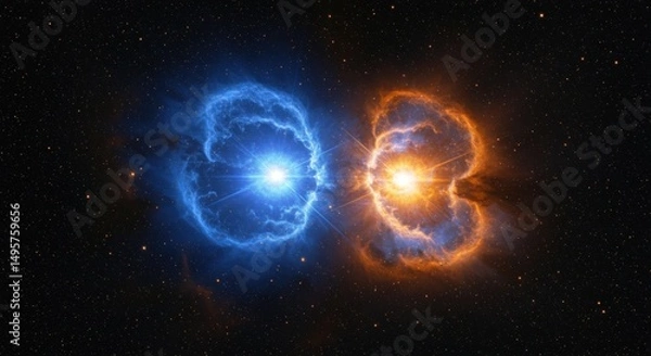 Fototapeta Twin Nebulae Illustration: Blue and Orange Cosmic Clouds in Starry Sky