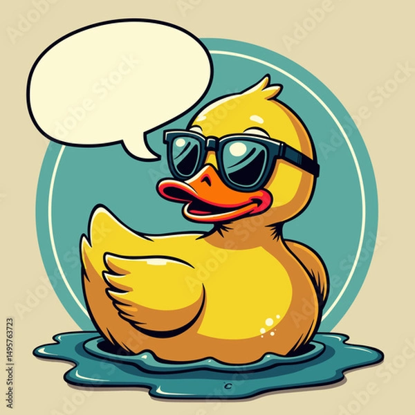 Fototapeta Cartoon duck wearing sunglasses floating in water with a speech bubble  