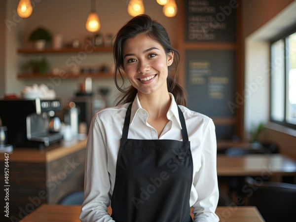 Fototapeta Smiling Restaurant Waitress in a Cozy Interior Setting