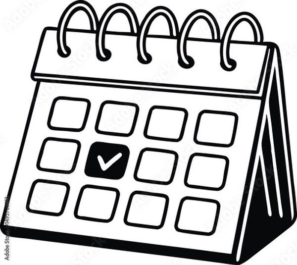 Fototapeta Black and White Desk Calendar Icon with Check Mark. 
