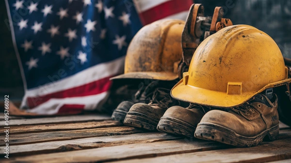 Fototapeta Labor day concepts. Symbols associated with Labor day and construction equipment and representations of manual labor. generated AI Illastration.