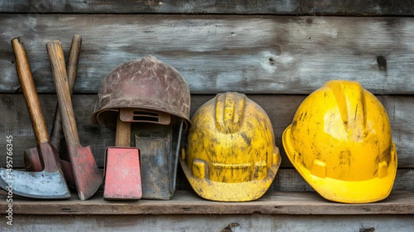 Fototapeta Labor day concepts. Symbols associated with Labor day and construction equipment and representations of manual labor. generated AI Illastration.