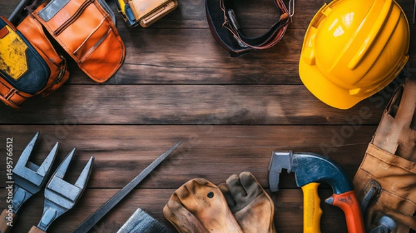 Fototapeta Labor day concepts. Symbols associated with Labor day and construction equipment and representations of manual labor. generated AI Illastration.