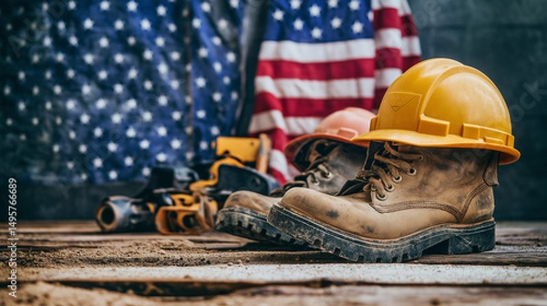 Fototapeta Labor day concepts. Symbols associated with Labor day and construction equipment and representations of manual labor. generated AI Illastration.