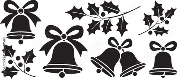 Obraz Christmas Bells Holly Berries Bow Silhouettes Design Elements