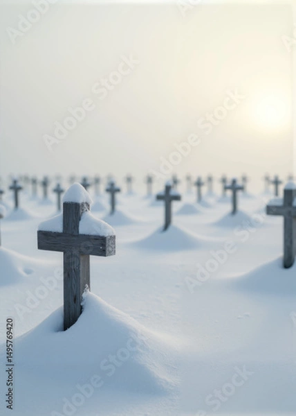 Fototapeta Winter Cemetery Covered in Fresh Snow with Aligned Wooden Crosses Fading into Dense Morning Fog, Symbolizing Remembrance, Silence, and Eternal Peace in Frozen Landscape