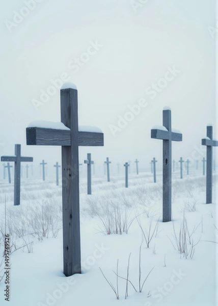 Fototapeta Winter Cemetery Covered in Fresh Snow with Aligned Wooden Crosses Fading into Dense Morning Fog, Symbolizing Remembrance, Silence, and Eternal Peace in Frozen Landscape