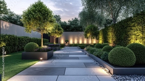 Fototapeta Modern Garden Design: Evening Ambiance, Stone Pathway, Lush Greenery