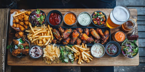 Obraz Delicious platter of fried chicken wings fries salad and sauces with a glass of beer