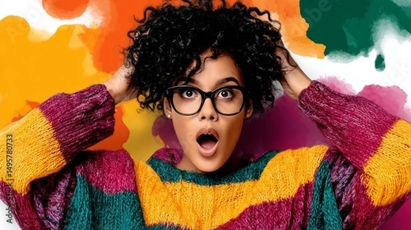 Fototapeta Woman with curly hair and glasses is wearing a striped sweater and looking surprised. The image has a colorful and vibrant feel to it, with the woman's outfit and the background