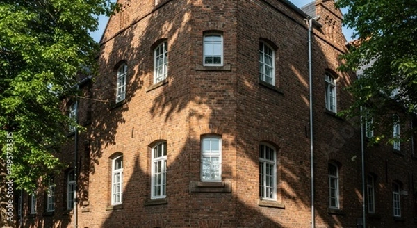 Fototapeta Brick Building Facade with Windows and Tree Shadows, Architecture Photo