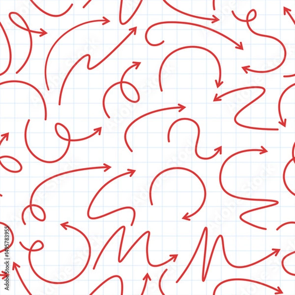 Fototapeta Modern seamless pattern of red arrows of different shapes on a checkered and white background