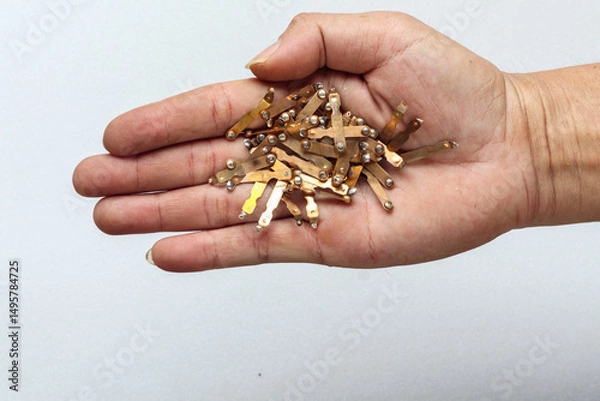 Fototapeta Copper plates containing silver in junction are deposited to wait for extraction of silver from copper ore to be used. Copper and silver are stored as raw materials for extraction of precious metals.