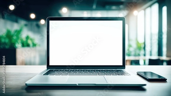 Fototapeta A modern laptop with a blank screen and smartphone rests on a wooden desk, ideal for mockups or digital content. The blurred background suggests a workspace setting.