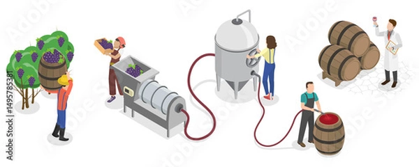 Obraz 3D Isometric Flat  Illustration of Wine Production Process , Winery Operations