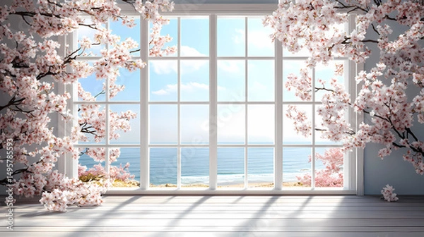 Fototapeta A vibrant cherry blossom scene. The window frames a breathtaking view of a boundless sea, The image exudes a sense of serenity and an invitation to embrace the beauty of spring.