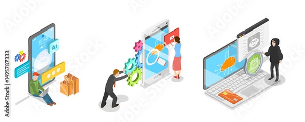 Obraz 3D Isometric Flat  Illustration of Data Security in E-commerce, AI In Online Shopping