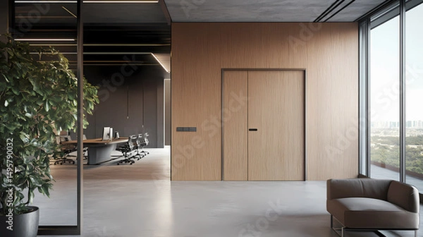 Fototapeta Modern office interior design with wooden wall and glass partition, featuring a minimalist aesthetic and sleek furniture.  
