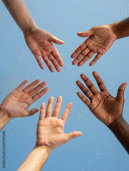 Fototapeta A group of outstretched hands of different skin tones reaching from different directions. Symbol of unity, diversity and collective effort. Human connection, inclusivity and collaboration concept