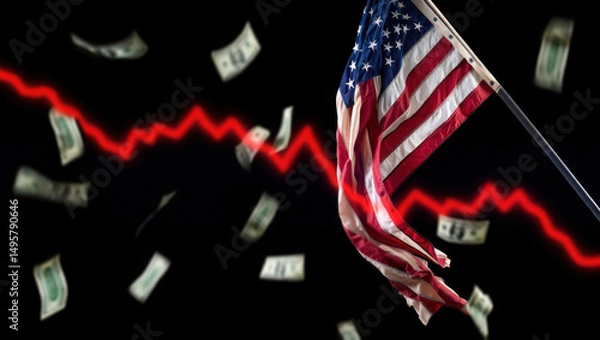 Fototapeta Multiple US dollar bills falling down like rain near a tattered American flag over a black background. A red downward trending stock market graph line shows economic instability, market decline