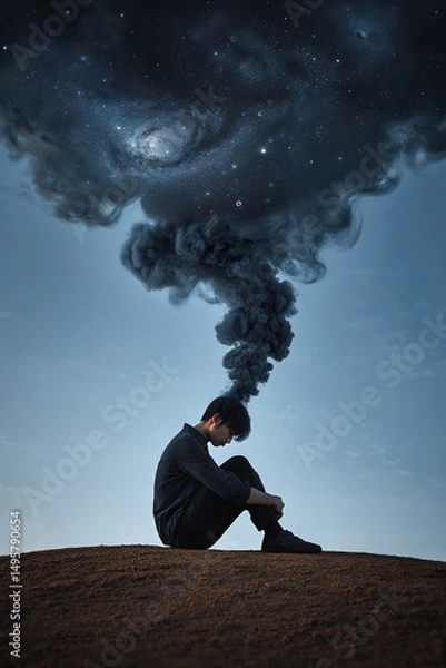 Fototapeta State of mind and mental health concept as a melancholic lone person seated in an open land suffers burnout. Dark smog comes out of man head and transforms into a galaxy of thoughts