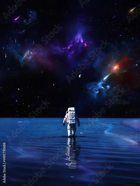 Fototapeta Astronaut wandering through shallow space waters under a vivid starry sky with colorful nebulae and comets. Celestial background contrasts with seascape creating a surreal, captivating scene
