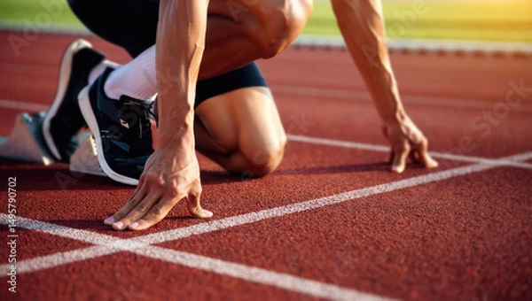 Fototapeta Closeup muscular legs and hands of an athlete in starting position on red running track. Runner on the race arena ready to start the sprint. Focus, readiness and determination before the quest begins